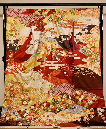 正絹振袖　吉田蓑助　吉澤織物　柄八掛付　日本製　赤　丹後ちりめん　未仕立て　送料無料