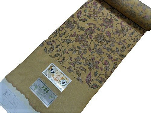 小紋反物　正絹　純草木染　薄茶色地　浜ちりめん　日本製　未仕立て　送料無料