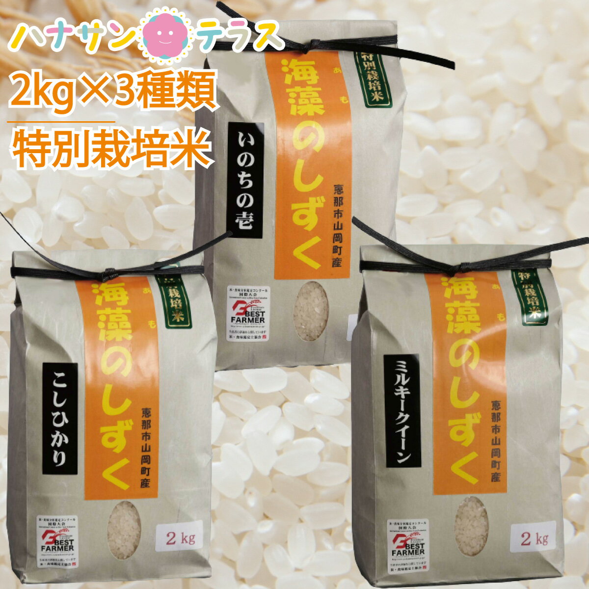 新米 令和3年産 米 2kg 2キロ × 3種類 6kg 6キロ いのちの壱 コシヒカリ ミルキークイーン 白米 精米 海藻のしずく 龍の瞳 岐阜県産 山岡町 少量 お試し ポイント消化 おいしいお米 山 川 細寒天 天草 使用 寒暖差 高い標高 SDGs 高食味 大粒