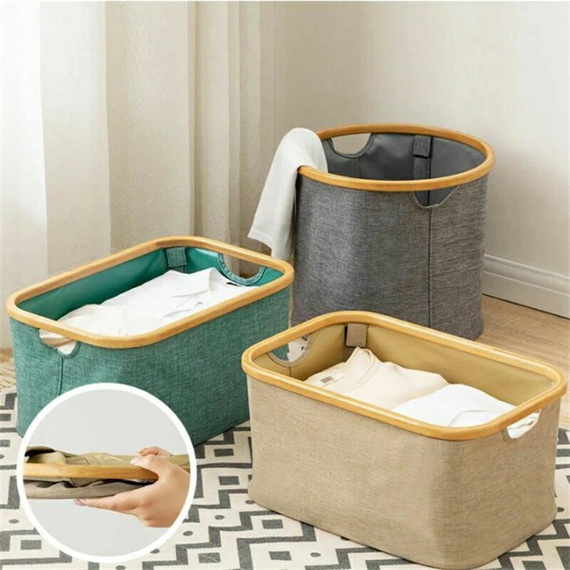 ランドリーバスケット 木製＋布 折りたたみ おしゃれ 大容量 防水 洗濯 洗濯かご 持ち手付き 軽量 収納 バスケットおもちゃ 収納ボックス コンパクト 収納