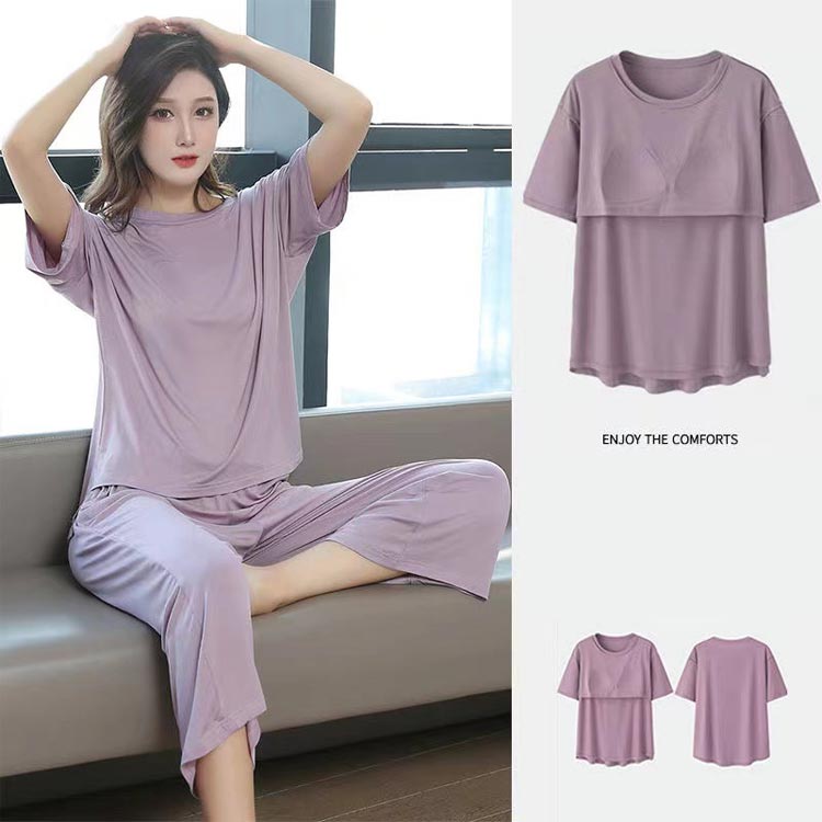 tシャツ 半袖 7分丈 上下セット 薄手 カップ付き ワイド パジャマ パンツ 出かけ ...
