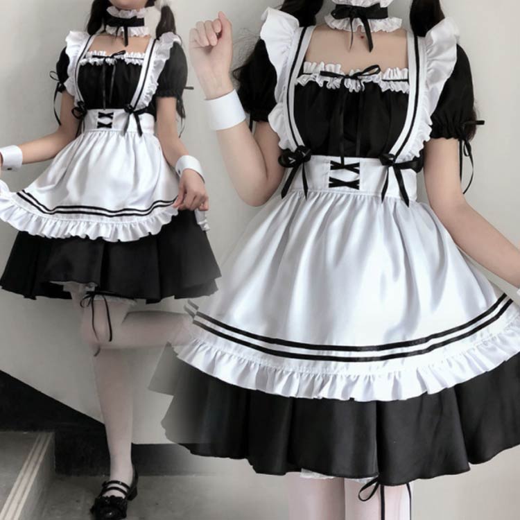 メイド服 8点セット コスプレ仮装 メイド服 コスプレ メイド コスプレ衣装 大人 セクシー ハロウィン セット フリル レディス コス 帽子 ヘアバンド 襟 エプロン 可愛い かわいい リボン 白 黒 ホワイト ブラック ハイウエスト