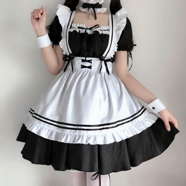メイド服 8点セット コスプレ仮装 メイド服 コスプレ メイド コスプレ衣装 大人 セクシー ハロウィン セット フリル レディス コス 帽子 ヘアバンド 襟 エプロン 可愛い かわいい リボン 白 黒 ホワイト ブラック ハイウエスト