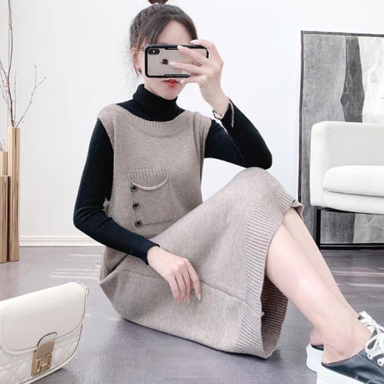 ワンピース レディース ニットワンピース ロング丈 ジャンパースカート クルーネック ノースリーブ レイヤード 重ね着 無地 可愛い 大きいサイズ 送料無料