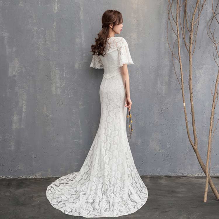 マーメイド 花嫁ドレス 袖あり 透かし総レース Vネック 袖あり 二次会ドレス マーメイドラインドレス ウエディングドレス