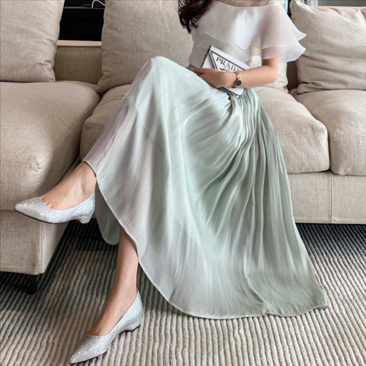 光沢 スカート ロングスカート ミモレスカート スカート ミモレ丈 フレアスカート 膝下 ハイウェスト Aラインスカート 春 夏 つや感 ゆったり 着痩せ S M L XL hasukii-10004992 ネットショップハスキー サンプル画像3
