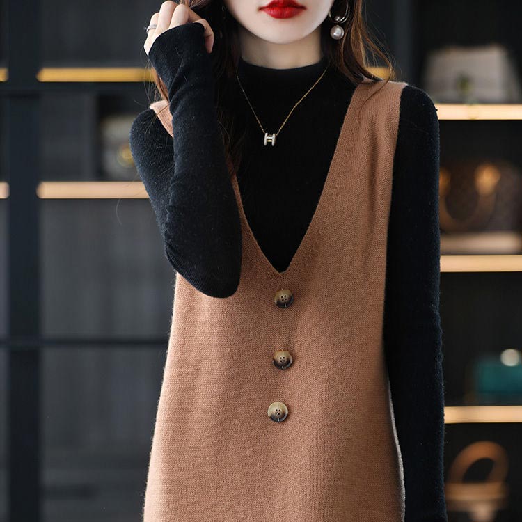 ニットワンピース ノースリーブ ワンピ ジャンパースカート Vネック レイヤード 重ね着 レディース 膝下 ミモレワンショルダー 秋冬 大人 韓国 ファッション マタニティ カジュアル おしゃれ 20代 30代 40代 50代 2