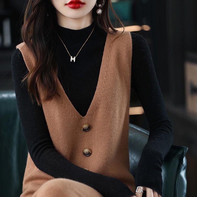 ニットワンピース ノースリーブ ワンピ ジャンパースカート Vネック レイヤード 重ね着 レディース 膝下 ミモレワンショルダー 秋冬 大人 韓国 ファッション マタニティ カジュアル おしゃれ 20代 30代 40代 50代 3