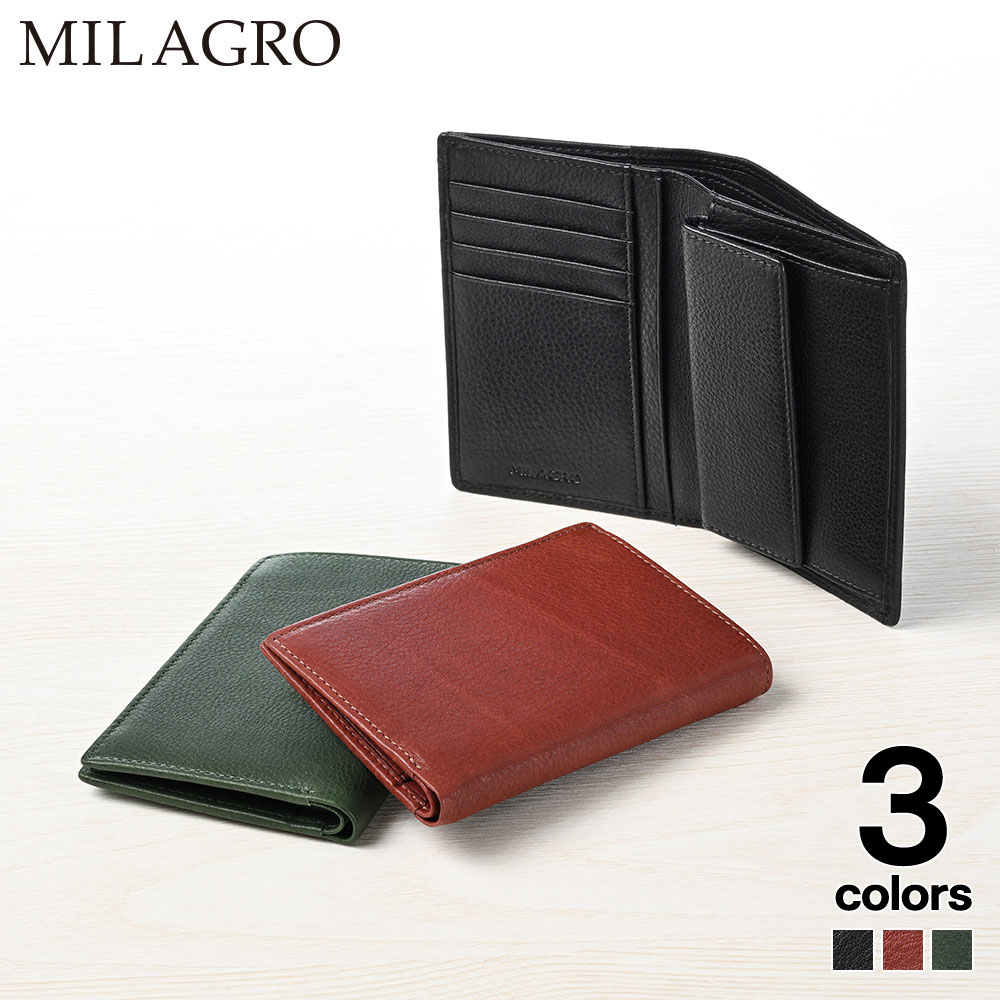 F, H, W - Milagro ミラグロ 二つ折り財布 メンズ 牛革 本革 ブランド コンパクト 薄型 シンプル おしゃれ ICカード ボックス型小銭入れ ギフト プレゼント 就職祝い 記念日 社会人 高校生 牛革ソフトミリング 縦型コンパクト 二つ折り財布 SL-M-1448 父の日ギフト 2026