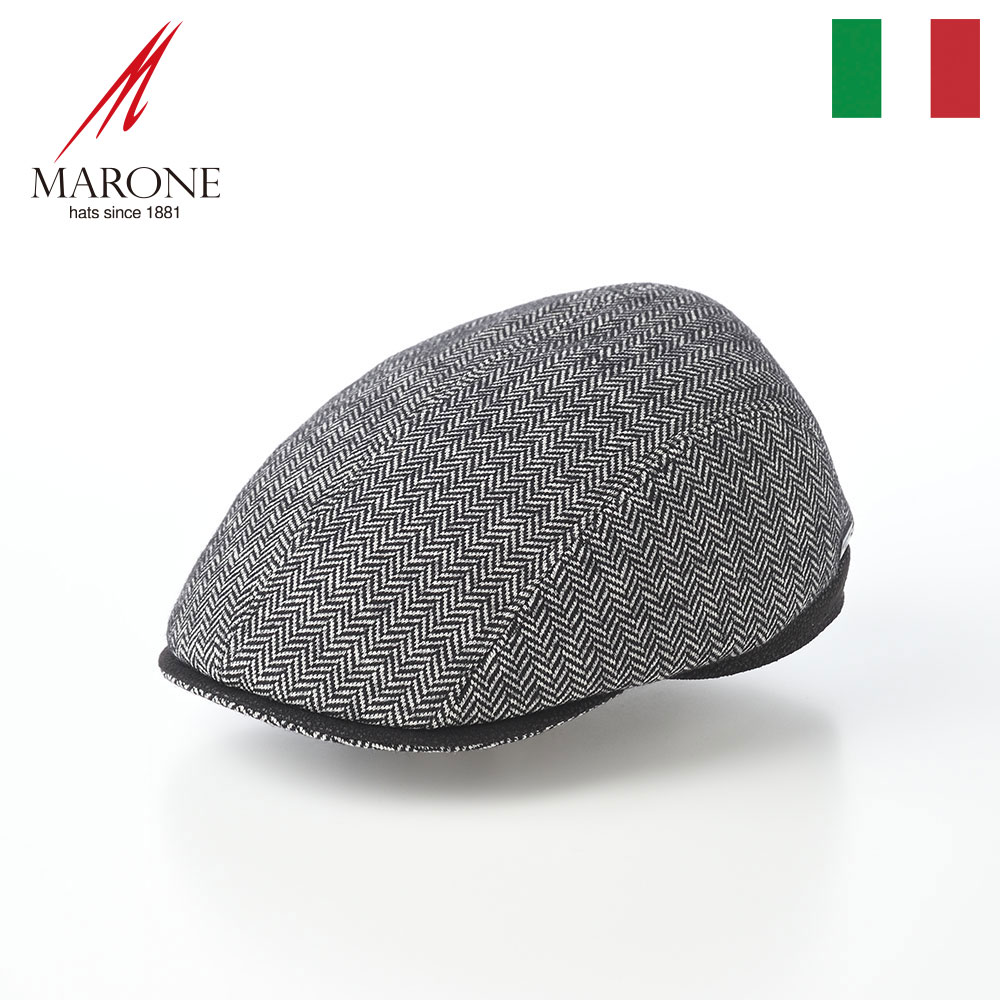 ■別のカラーはこちらダークブラウン仕様 カラー：ブラック ブランド：MARONE（マローネ）／イタリア 素材：毛（ウール）、ポリエステル つばの広さ：約5.5cm 重さ：約110g イタリア製 ハンチング 着用シーズン：秋〜冬 ■ サイズの目安 メーカー表記　56cm、58cm、60cm、62cm実寸サイズ：表記より約1.5cm小さい ■ 取り扱いのご注意 生産ロットの関係により、裏地のデザインやピンなどの装飾部分などが商品画像とは異なる場合がございます。 絵柄の位置は1点ずつ違いがあり、写真と異なる場合があります。予めご了承ください。 1881創業、老舗の風格。イタリアン・ハットのトップ・ブランド「MARONE（マローネ）」。 イタリアの名門老舗ラマール社の紳士帽子ブランドMARONE（マローネ）は、高いデザイン性と卓越した技術をもって世界の帽子市場に君臨しています。 1881年の創業以来、百年を超える歴史に培われた伝統的な帽子作りに、イタリアらしい高いデザイン性を取り入れた帽子は、大人の男の遊び心をくすぐる逸品揃いです。 MARONE（マローネ）は、上質な素材に堅牢な縫製と、品質の良さに徹底したこだわりを持ち、イタリア流ファッション「クラシコ・イタリア」に相応しいハイクオリティな帽子を作り続けています。 確かな技術に裏打ちされた帽子は、大人の男性が持つ色気をグンと引き立ててくれることでしょう。 トップクラスの実力を誇るMARONE（マローネ）の、丈夫で上質なハンチング・キャスケット。 MARONE（マローネ）は数あるイタリアン・ハット・メーカーの中でもトップクラスの実力を誇り、仕立ての良さが引き立つシンプルなものから、色柄や異素材を大胆に組み合わせたものまで、多岐に渡る帽子を生み出していますが、中でもハンチングやキャスケットのように、立体的なシルエットを持つ帽子の美しさは随一です。 丈夫な縫製、絶妙なフィット感という帽子の基本的要素をしっかりと押さえた作りは、さすが名門の一言。基本だからこそ手を抜かず、百年を超える老舗の伝統的技術を惜しみなく用いて、長年の愛用に耐えうる帽子を生み出します。 上質な生地、美しい縫製、秀逸なデザイン、快適な被り心地を併せ持つMARONE（マローネ）の帽子は、各国の帽子ファンから高い評価を得ています。