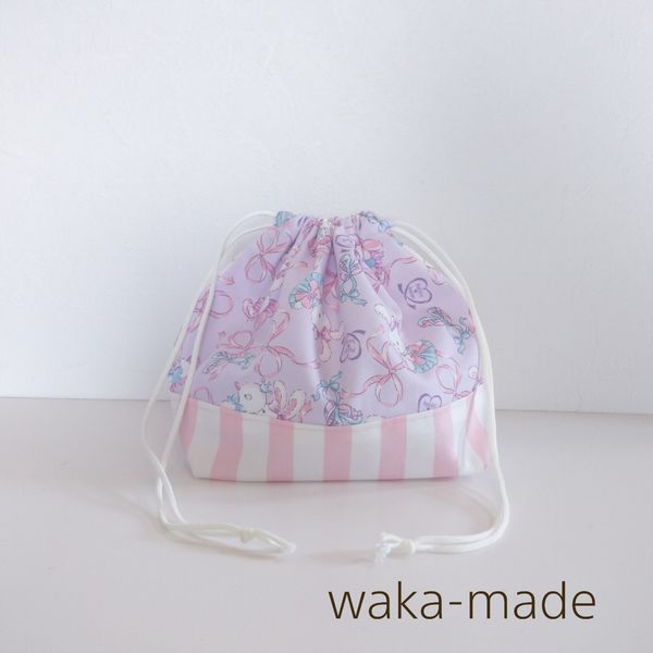 【waka-made】ハンドメイド　お弁当袋＊ランチバッグ＊巾着【ラビットバレエ＊ムラサキ】【ネコポス対応】