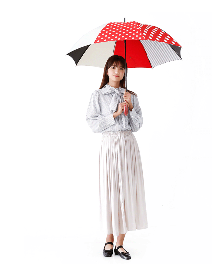 傘 レディース 60cm 大きめ ブランド 長傘 雨傘 晴雨兼用 ＋RING プラスリング 60cm ×8本骨 手開き式 傘 レディース ブランド［t1219］レッド ドット カサ かさ 大きい グラスファイバー骨 撥水 軽量 丈夫 おしゃれ かわいい