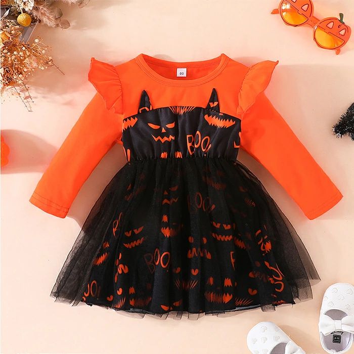 はっとふぃーのハロウィン 衣装 子供 コスプレ 仮装 子ども服 80 90 100 110 120 女の子 ワンピース チュールワンピース かぼちゃ 黒猫 悪魔 魔女 ドレ｜アングル3