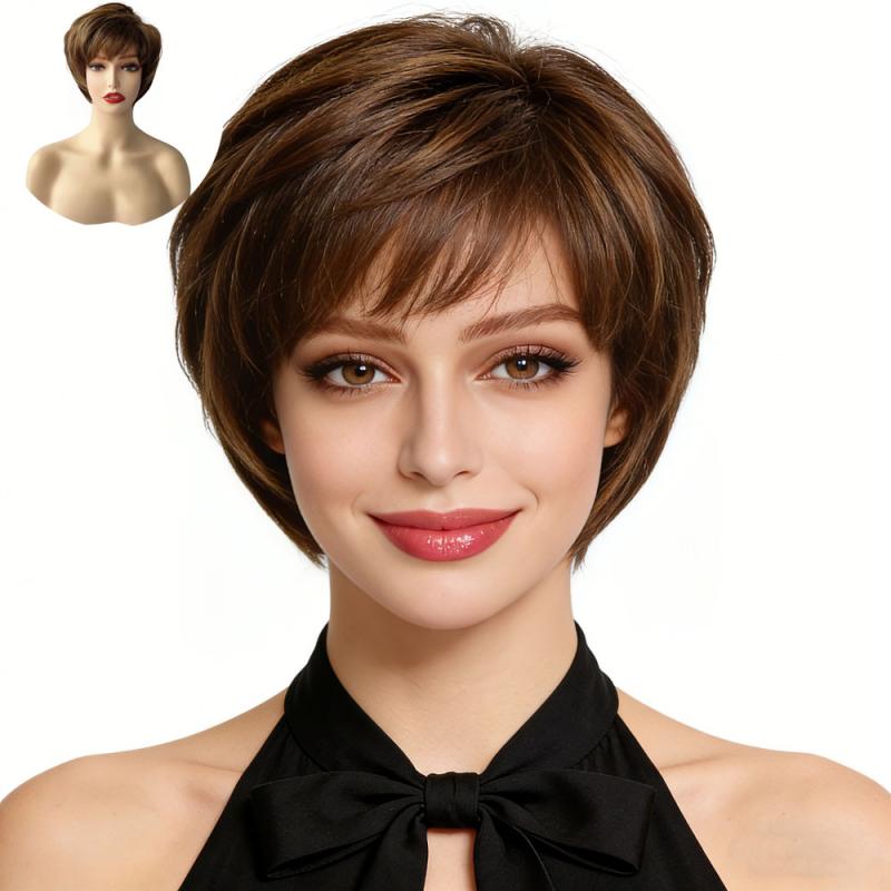 ウィッグ 女性用 欧米 ショートヘア スタイリッシュ クール テクスチャー ストレート 合成繊維 ファッション 日常使い 自然な質感 軽量