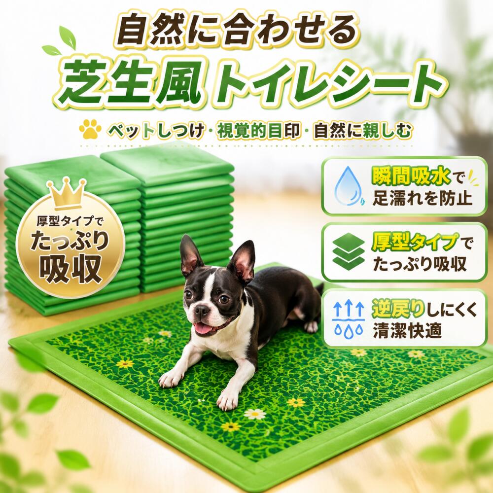 高品質の素材：ペットトイレは多層構造と高分子吸収材を採用し、尿をしっかり吸収し、水漏れを防ぎます，草の模様で前後が分かりやすい実用的：ペットシーツ ワイド 厚型のデザインは芝生に似ており、犬が自然な体験を楽しみながらトイレを使用できるようにし、リアルなデザインはペットの注意を視覚的に引き付け、トイレトレーニングを容易にします強力な吸収力：ペットシーツ 厚型は液体を瞬時に吸収し、独自の消臭成分と革新的な技術を使用して臭いを効果的に抑制し、5秒以内に完全に吸収し、液体が逆流しにくいです安全なケア：ペットシーツは吸収性に優れているため、交換頻度が減り、5 秒以内に素早く水を吸収してペットの足が濡れるのを防ぎ、吸収と収縮が速く、部屋を清潔に保ちます固定テープ：この犬 トイレシートは四隅に固定テープが付いているので、床、ペットトイレ、ケージ、車など様々な場所に簡単に固定でき、犬が動かして散らかしてしまう心配がありません※画面上の色と実際の商品とで、多少の誤差が生じる場合がありますのでご留意ください。
