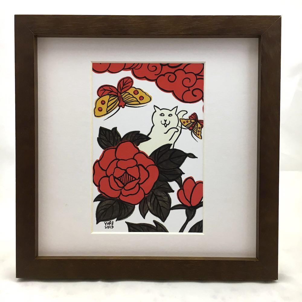 すぎはらゆり　ポストカード　花札　牡丹に蝶　猫　ねこ　額付き　絵画【RCP】