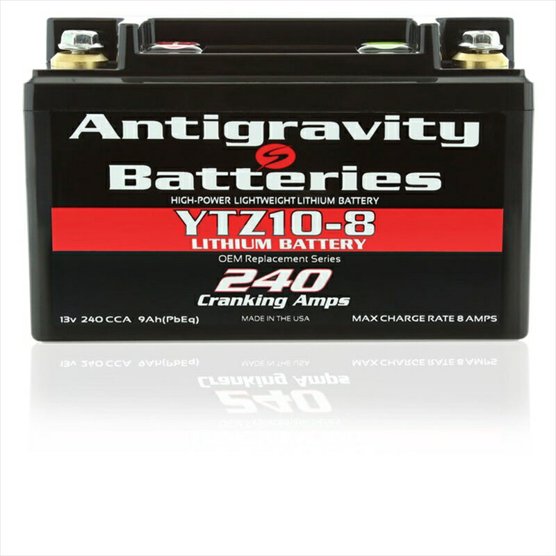 【ANTIGRAVITY BATTERIES(アンチグラビティバッテリー)】リチウムバッテリー 8セル YTZ10 OEM 9Ah 240CCA YTZ10互換■カタログ品番：P091-7792■メーカー品番：ANT-YTZ10-8■JAN：4550255011086適応車両：（YTZ10 OEM） 9Ah 240CCA YTZ10互換 タイプ： Lithium Battery キャッチフレーズ ：【YTZ10 OEM case 8cell 5-7／8inch Length x 3／7／16inch Depth x 3.75inch hieght】600～800ccのインラインエンジン。◆5-7／8inch Length x 3／7／16inch Depth x 3.75inch hieght■ 【適合情報】メンテナンス【詳細情報/補足情報】メーカー品番[カタログ品番]：ANT-YTZ10-8 画像注意書き ： ■商品分類：バイクパーツ、オートバイパーツ（モーターサイクル） ■カテゴリ：車、バイク、自転車 ＞ バイク ＞ バッテリー ■対象：男性(メンズ)、女性(レディース) ■キーワード：ツーリング(ロングツーリング)、通勤、通学 ※号機番号と適応車種を必ずご確認のうえ、ご注文くださいますようお願い致します。ご不明点等は、ご注文前にお問合せください。 ※掲載商品と実際の商品との色合いが異なる場合がございます。ご了承の程、宜しくお願い致します。 ※商品は予告なく仕様の変更や販売を終了している場合がございますので予めご了承下さい。 ※画像は装着画像や塗装済みのイメージ画像の場合がございます。 ※画像に含まれる、小道具等は商品には含まれておりません。 ※画像は装着イメージです。車両本体は商品に含まれておりません。