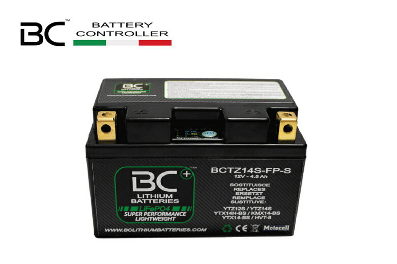 【BC BATTERY(ビーシーバッテリー)】ビーシーバッテリ リチウムイオンバッテリー BCTX5L-FP-S■カタログ品番：P095-6984■メーカー品番：BCTX5L-FP-S■JAN：8059070580518適応車両：BCTX5L-FP-S 電圧 ： 4セル:各セル3.2V:公称電圧12.8V 従来の鉛バッテリーと同じ公称電圧と同じです。 キャッチフレーズ ： 特徴やサイズ／重量／CCA／ターミナル方向／適合は画像を参照下さい。 BC リチウムイオンバッテリー（LiFePO4) 超軽量 BCリチウムバッテリーは、同じ大きさのバッテリーで比較すると最大80％の軽量化を実現。品番により異なります。 ハイパワー 通常バッテリーの約3倍のクランキング電力を確保し、車両の始動性を向上します。 安全と保証 不燃性・非爆発性・酸漏れなどの心配もなく、モータースポーツなどにも安全に使用できます。 長寿命バッテリー 約2000回の充放電サイクルを実現。従来のバッテリーと比較して約1.5～2倍寿命となります。 環境にやさしい リチウムイオンバッテリーは地球環境にやさしく、酸や重金属（鉛・カドミウム・水銀）が含まれません。 安心の1年保証 BCリチウムバッテリーは1年保証です。条件は商品内の保証書に記載しています。 LEDバッテリーチェッカー付 バッテリー本体に電圧チェック機能が付いており、一目でバッテリーの状態が確認できます。 充電時間が短く、少ない自己放電 回復充電の補充電時間が非常に短く、他のバッテリーよりも自己放電が非常に少ない。 銅製 電極ターミナル バッテリー本体の電極は一般的な鉛タイプの電極より約10倍の導電率を持ち、銅電極の使用によって、軽量化と低抵抗電極によって、優れた初期電圧（クランキング性能）を保証いたします。 BMS-バッテリーマネージメントシステム バッテリー本体の放電及び充電状態において、各4つのセルがバランスよく保たれるように洗練されたプログラムによってコントロールされています。 4セル：各セル3.2V：公称電圧12.8V 従来の鉛バッテリーと同じ公称電圧と同じです。 ■メーカー：BC Battery Controller / BCバッテリーコントローラー ■商品名：BC リチウムイオンバッテリー（LiFePO4) ■商品内容：本体、保証書（1年） ※充電のはBC BRAVO 2000+ バッテリーチャージャー＆テスターをご使用ください 注意：旧車などのオルタネーターレギュレータが搭載されていない車両へは使用できません。 画像注意書き ：画像はイメージです。 ■商品分類：バイクパーツ、オートバイパーツ（モーターサイクル） ■カテゴリ：車、バイク、自転車 ＞ バイク ＞ バッテリー ■対象：男性(メンズ)、女性(レディース) ■キーワード：ツーリング(ロングツーリング)、通勤、通学 ※号機番号と適応車種を必ずご確認のうえ、ご注文くださいますようお願い致します。ご不明点等は、ご注文前にお問合せください。 ※掲載商品と実際の商品との色合いが異なる場合がございます。ご了承の程、宜しくお願い致します。 ※商品は予告なく仕様の変更や販売を終了している場合がございますので予めご了承下さい。 ※画像は装着画像や塗装済みのイメージ画像の場合がございます。 ※画像に含まれる、小道具等は商品には含まれておりません。 ※画像は装着イメージです。車両本体は商品に含まれておりません。