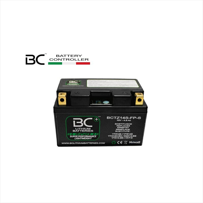 【BC BATTERY(ビーシーバッテリー)】ビーシーバッテリ リチウムイオンバッテリー BCT9B-FP■カタログ品番：P095-6981■メーカー品番：BCT9B-FP■JAN：8059070581478適応車両：BCT9B-FP 電圧 ： 4セル:各セル3.2V:公称電圧12.8V 従来の鉛バッテリーと同じ公称電圧と同じです。 キャッチフレーズ ： 特徴やサイズ／重量／CCA／ターミナル方向／適合は画像を参照下さい。 BC リチウムイオンバッテリー（LiFePO4) 超軽量 BCリチウムバッテリーは、同じ大きさのバッテリーで比較すると最大80％の軽量化を実現。品番により異なります。 ハイパワー 通常バッテリーの約3倍のクランキング電力を確保し、車両の始動性を向上します。 安全と保証 不燃性・非爆発性・酸漏れなどの心配もなく、モータースポーツなどにも安全に使用できます。 長寿命バッテリー 約2000回の充放電サイクルを実現。従来のバッテリーと比較して約1.5～2倍寿命となります。 環境にやさしい リチウムイオンバッテリーは地球環境にやさしく、酸や重金属（鉛・カドミウム・水銀）が含まれません。 安心の1年保証 BCリチウムバッテリーは1年保証です。条件は商品内の保証書に記載しています。 LEDバッテリーチェッカー付 バッテリー本体に電圧チェック機能が付いており、一目でバッテリーの状態が確認できます。 充電時間が短く、少ない自己放電 回復充電の補充電時間が非常に短く、他のバッテリーよりも自己放電が非常に少ない。 銅製 電極ターミナル バッテリー本体の電極は一般的な鉛タイプの電極より約10倍の導電率を持ち、銅電極の使用によって、軽量化と低抵抗電極によって、優れた初期電圧（クランキング性能）を保証いたします。 BMS-バッテリーマネージメントシステム バッテリー本体の放電及び充電状態において、各4つのセルがバランスよく保たれるように洗練されたプログラムによってコントロールされています。 4セル：各セル3.2V：公称電圧12.8V 従来の鉛バッテリーと同じ公称電圧と同じです。 ■メーカー：BC Battery Controller / BCバッテリーコントローラー ■商品名：BC リチウムイオンバッテリー（LiFePO4) ■商品内容：本体、保証書（1年） ※充電のはBC BRAVO 2000+ バッテリーチャージャー＆テスターをご使用ください 注意：旧車などのオルタネーターレギュレータが搭載されていない車両へは使用できません。 画像注意書き ：画像はイメージです。 ■商品分類：バイクパーツ、オートバイパーツ（モーターサイクル） ■カテゴリ：車、バイク、自転車 ＞ バイク ＞ バッテリー ■対象：男性(メンズ)、女性(レディース) ■キーワード：ツーリング(ロングツーリング)、通勤、通学 ※号機番号と適応車種を必ずご確認のうえ、ご注文くださいますようお願い致します。ご不明点等は、ご注文前にお問合せください。 ※掲載商品と実際の商品との色合いが異なる場合がございます。ご了承の程、宜しくお願い致します。 ※商品は予告なく仕様の変更や販売を終了している場合がございますので予めご了承下さい。 ※画像は装着画像や塗装済みのイメージ画像の場合がございます。 ※画像に含まれる、小道具等は商品には含まれておりません。 ※画像は装着イメージです。車両本体は商品に含まれておりません。