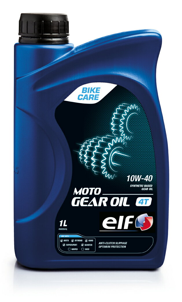 【ELF】【エルフ】ELF MOTO GEAR OIL 10W40 1L 2ストロークエンジン車用に開発した専用ギアオイル。 高温時でも優れた安定性を発揮。 （ビッグスクーターのギアオイルとしてもご使用できます。） ▽化学合成油の添加と最適な粘度設定により、優れた潤滑性と安定した油膜形成を実現。 ▽高いギア保護性能を発揮。 ▽適正な摩擦係数設定によりクラッチの滑りを防ぎ、安定したシフトチェンジを実現。 ・部分合成油 ・SAE：10W-10 ■メーカー品番 194969 ※掲載商品と実際の商品との色合いが異なる場合がございます。ご了承の程、宜しくお願いします。 商品は予告なく仕様の変更や販売を終了している場合がございますので予めご了承下さい。 【関連商品】　廃油入れ ■オイルパックリ / 2.0L用 　　■オイルパックリ / 4.5L用