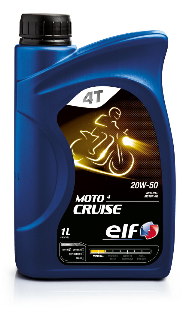 【ELF】【エルフ】ELF MOTO 4 CRUISE 20W50 1L 中・大排気量の空冷エンジン、ビッグツインエンジン、旧車、絶版車にオススメ。 シティーラン、高速、長距離走行などにも余裕をもって対応する高粘度スタンダードグレードオイル。 ▽旧車、絶版車等へのオイルのにじみ抑制のため、シールやガスケット類への攻撃性が少なく、シール材との相性が良い鉱物油を採用。 ▽さらに潤滑性、磨耗防止性能に優れる添加剤の採用と硬めの粘度設定により、クリアランスの広いエンジン、ギアを保護する性能を高めた設計です。 ▽厳選された鉱物油と添加剤を採用。長年培った配合技術により、エンジン、ギアを保護し、クラッチディスクの滑りと磨耗を抑え、安定した走行を実現。 ・高精製鉱物油 ・JASO：MA2 ・API：SH ■メーカー品番 194959 ※掲載商品と実際の商品との色合いが異なる場合がございます。ご了承の程、宜しくお願いします。 商品は予告なく仕様の変更や販売を終了している場合がございますので予めご了承下さい。 【関連商品】廃油パック ■オイルスッター / 2L ■オイルスッター　/ 4L