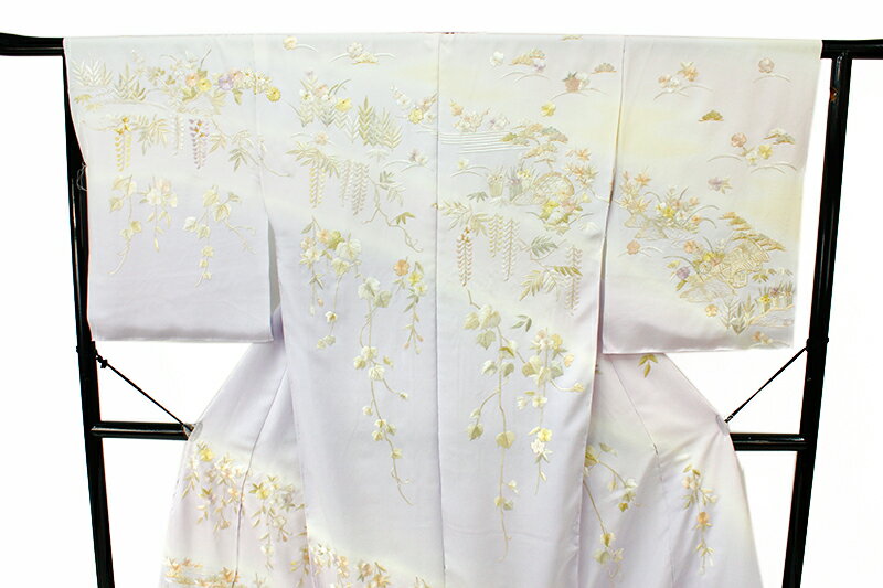 訪問着 手刺繍 正絹 未仕立て 仮絵羽 フォーマル 礼装用 着物 反物 紫色 薄紫色 淡黄色 茶屋辻 菊 藤 桜 蔦 丹後ちりめん No.2-0108