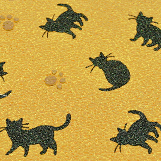 半衿 ちりめん 縮緬 黄色 黒 猫 ネコ ねこ 足跡 ハロウィン レトロ お洒落着用 アンティーク モダン カジュアル 街着 小紋 紬 普段着 襦袢 浴衣 かわいい ポリエステル 洗える半衿ネコポスOK 和装 着物 No.8-0983のサムネイル