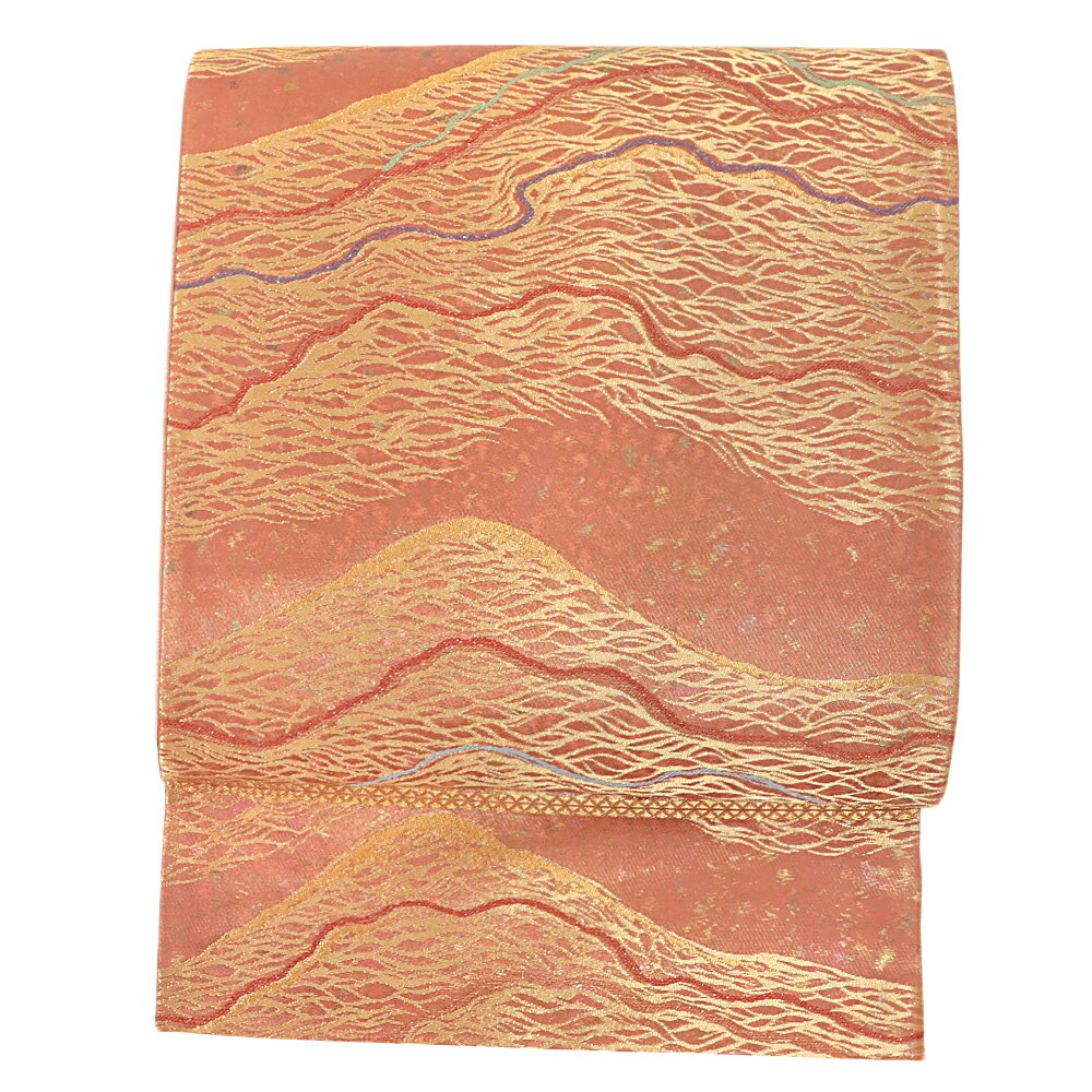 【 中古 】 袋帯 正絹 唐織 リサイクル 煉瓦色 オレンジ 橙色 臙脂 赤茶 赤 青 水色 紫 緑 金 遠山 波 ..