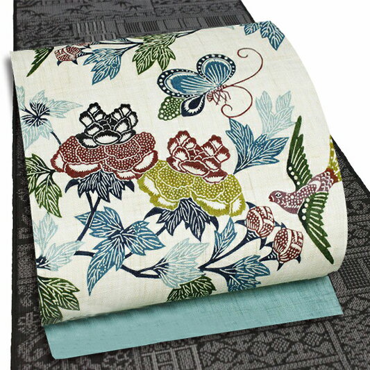 栗山吉三郎 名古屋帯 栗山紅型 和染紅型 紅型染 水色 金魚 紅型鳥蝶牡丹模様 紅型鳥 蝶 牡丹 九寸 麻 夏物 新品 未仕立て お洒落着 カジュアル かわいい おしゃれ かっこいい 涼しい 透け感 東京紅型 江戸紅型 本紅型 着物 受注生産 No.88-1609