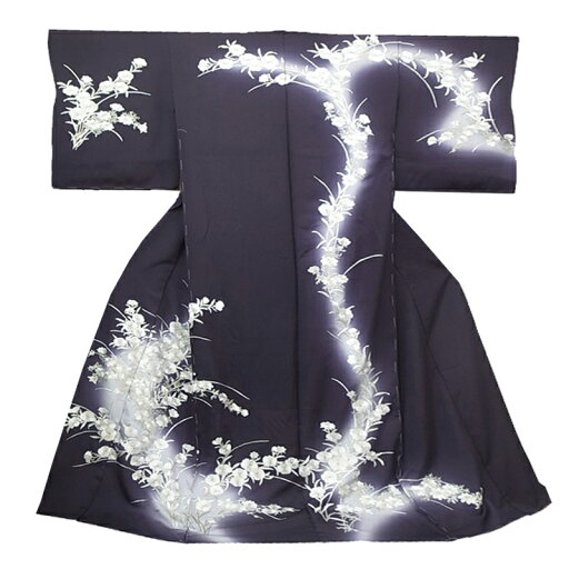 訪問着 手刺繍 正絹 撫子 菊 フォーマル 結婚式 入学式 卒業式 仮絵羽 未仕立て 反物 藍紺 ライトグレー 着物 No.88-1995 訪問着 手刺繍 正絹 撫子 菊 フォーマル 結婚式 入学式 卒業式 仮絵羽 未仕立て 反物 藍紺 ライトグレー 着物 No.88-1995