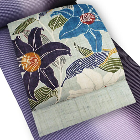 栗山吉三郎 夏物 名古屋帯 栗山紅型 和染紅型 紅型染 薄 渋 緑 百合 花柄 九寸 麻 夏物 新品 未仕立て お洒落着 カジュアル かわいい おしゃれ かっこいい 涼しい 透け感 東京紅型 江戸紅型 本紅型 琉球紅型 着物 受注生産 No.88-1872のサムネイル