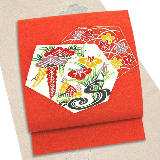 【中古】名古屋帯 リサイクル 正絹 紅型染 ちりめん 朱色 松 梅 杜若 藤 紅葉 露芝 お仕立て上がり 九寸 カジュアル お洒落着 中古 和装 着物 No.6-0331のサムネイル