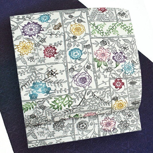 Nagoya Sash - 名古屋帯 江戸紅型 夏物 白 カジュアル 花柄 紅型染 塩瀬 五泉 絽 正絹 九寸 反物 未仕立て 着物 No.88-0800