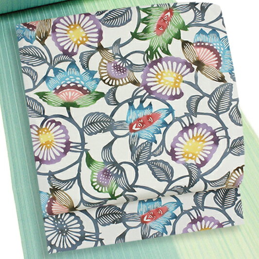 名古屋帯 九寸 江戸紅型 塩瀬 白 花唐 唐草 模様 五泉 正絹 新品 未仕立て カジュアル お洒落着 着物 No.88-1022