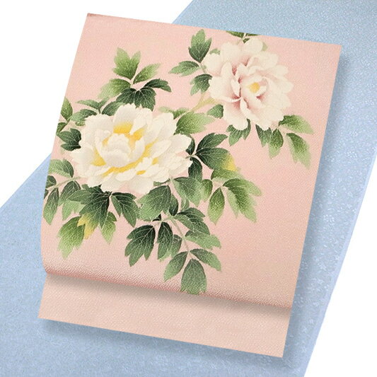 名古屋帯 十日町友禅 秀美 未仕立て 正絹 濱ちりめん 染帯 牡丹 ピンク 九寸帯 カジュアル 着物 No.88-2047