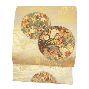 【 中古 】 袋帯 正絹 唐織 リサイクル グレー シルバー 御所解 花 花の丸 菊 橘 藤 桔梗 松 梅 菖蒲 紅葉 流水 青海波 船 御所車 閣 橋 貝桶 金糸 礼装用 フォーマル 仕立て上がり No.6-1337