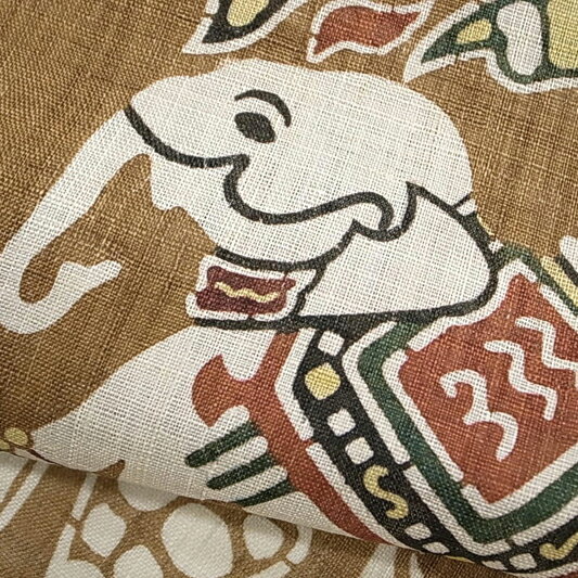 夏物 栗山吉三郎 名古屋帯 栗山紅型 夏物 和染紅型 紅型染 象 花 茶 臙脂 九寸 本大麻帯 本麻 染帯 未仕立て 夏帯 お洒落着 カジュアル おしゃれ かわいい 涼しい 爽やか 東京紅型 琉球紅型 着物 受注生産 No.88-2341