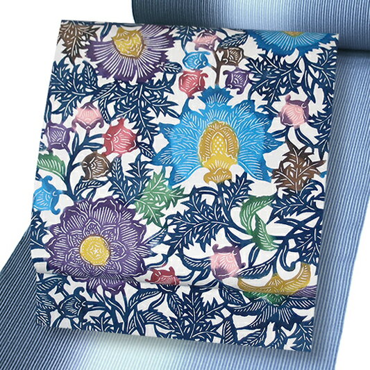 名古屋帯 江戸紅型 紅型染 和染紅型 駒塩瀬 五泉 未仕立て 白地 オフホワイト 青 紺 藍 花唐草 更紗 正絹 友禅染 九寸 九寸名古屋帯 染帯 最高級 お洒落着 カジュアル おしゃれ 粋 かわいい 東京紅型 琉球紅型 お食事会 お買い物 普段のお出か 着物 受注生産 FTS No.88-2454