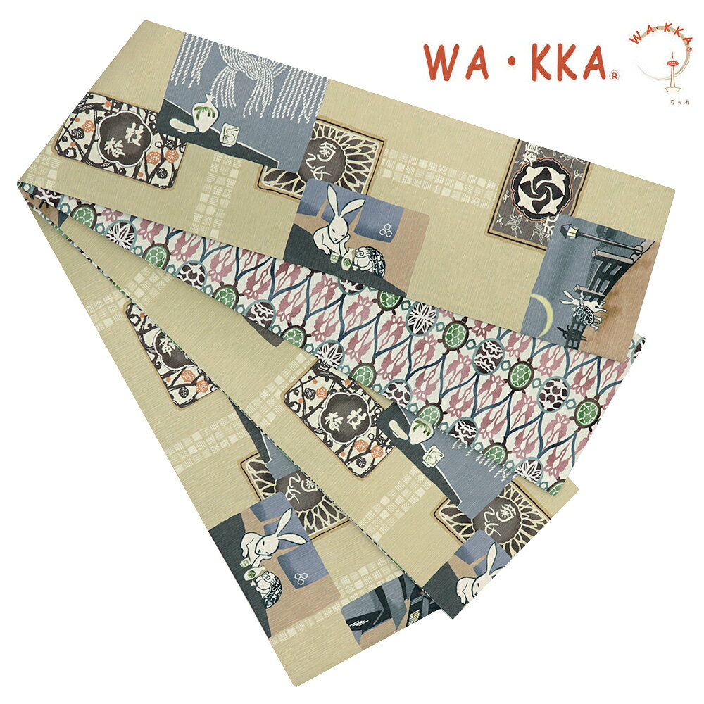 楽天はつはなづき半幅帯 WA・KKA WAKKA ワッカ 「はしご酒 」 リバーシブル 正絹 ベージュ イエローベージュ うさぎ 兎 亀 居酒屋 赤ちょうちん お酒 ほろ酔い 夜 石畳 千鳥 枝梅 網目 鳥獣戯画 個性的 ユニーク お仕立て上がり 動物 アニマル お洒落 カジュアル 日本製 可愛い 粋 No.6-1630