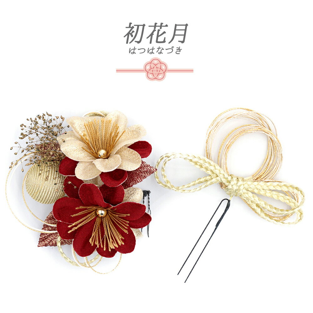 髪飾り 成人式 水引 赤 振袖 和装 袴 花 2点セット ちりめん ゴールド 組紐 玉飾り かすみそう ビーズ ..