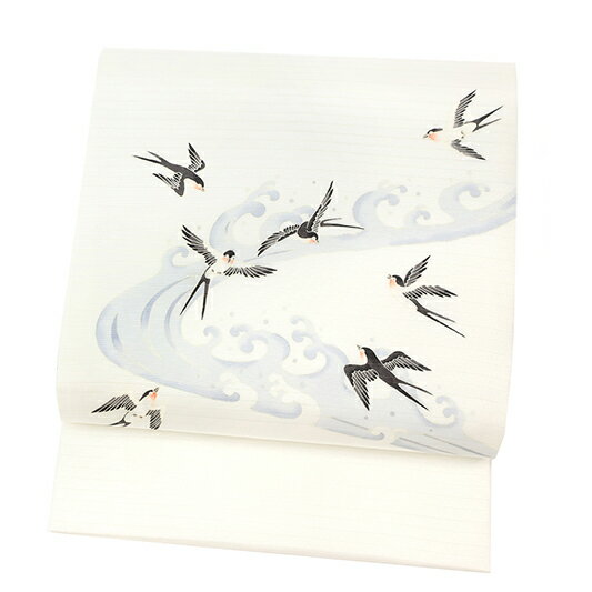 秀美 名古屋帯 十日町友禅 夏物 白地 ツバメ 燕 波に燕 絽 正絹 最高級塩瀬生地 五泉 友禅染 九寸 新品 仕立て上がり お洒落着 カジュアル おしゃれ かわいい 涼しい 爽やか No.6-1647