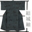 【 中古 】 結城紬 100亀甲 正絹 リサイクル 着物 青緑 蝶 身丈156cm 裄63cm Sサイズ 仕立て上がり 小さいサイズ カジュアル No.i3-0782