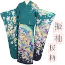 【中古】 振袖 成人式 桜 正絹 アウトレット リサイクル 緑 紫 菊 牡丹 花 鈴 雪輪 花菱 金通し 仕立て上がり 身丈167cm 裄68.5cm Lサイズ 金駒刺繍 ちりめん 綸子 友禅染 礼装用 フォーマル 結婚式 No.i3-0846