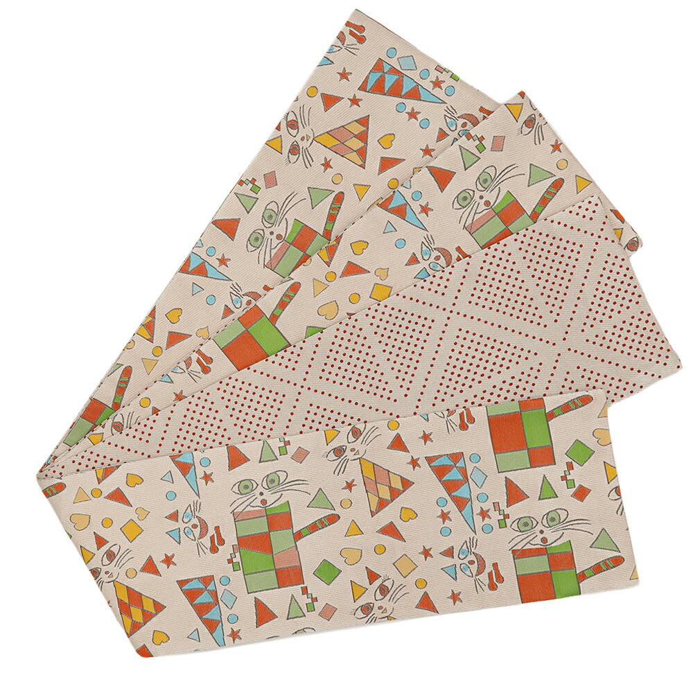 半幅帯 浴衣帯 ゆかた帯 桐生織 ポリエステル 白地 猫 ねこ おもちゃ箱 びっくり箱 玩具 懐かしい ポッ..