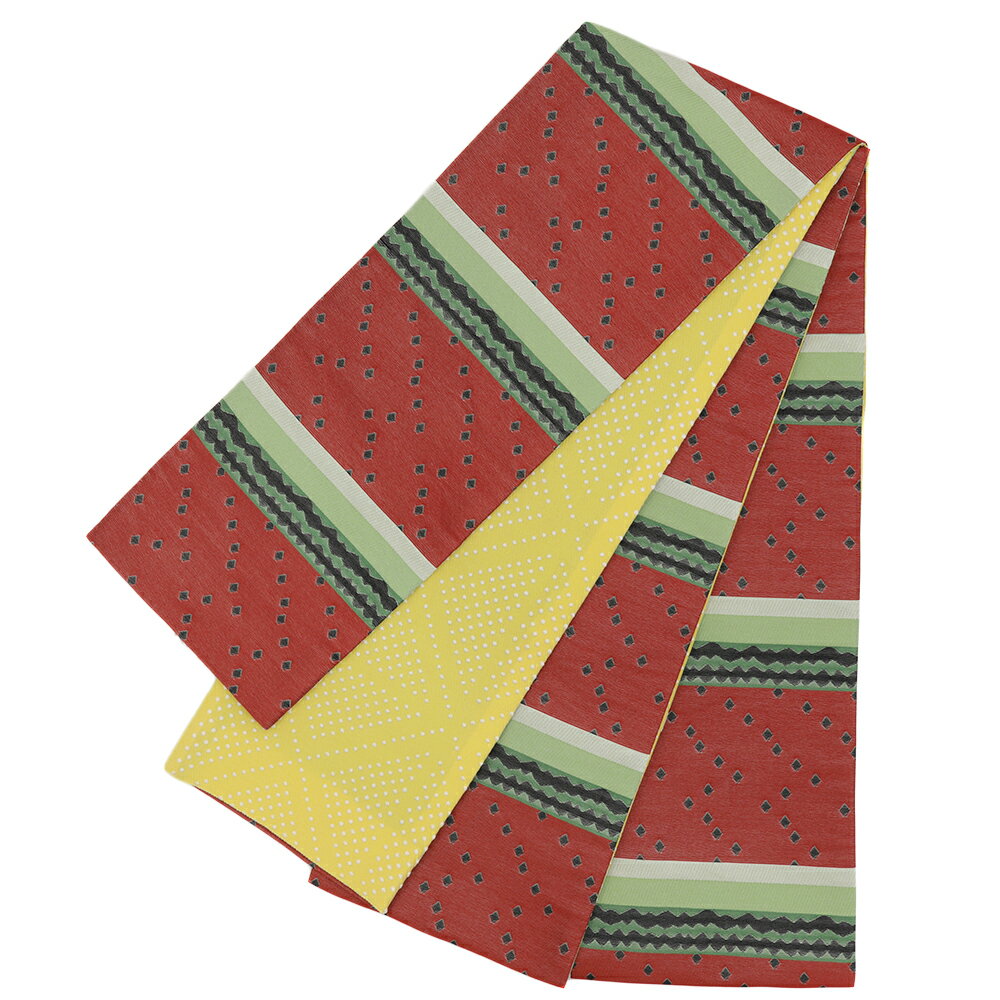 半幅帯 浴衣帯 ゆかた帯 桐生織 ポリエステル 赤 緑 黒 スイカ すいか 果物 食べ物 果実 麻の葉 リバーシブル ユニーク 個性的 お洒落 新品 細帯 日本製 カジュアル 小紋 紬 浴衣 No.10-5584