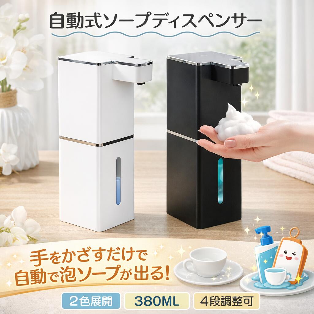 【期間限定 2500 円】1 年保証！レビュー投稿で 1 年保証延長！ソープディスペンサー 自動 泡 吐出量4段階調 380ml オートディスペンサー ディスペ...