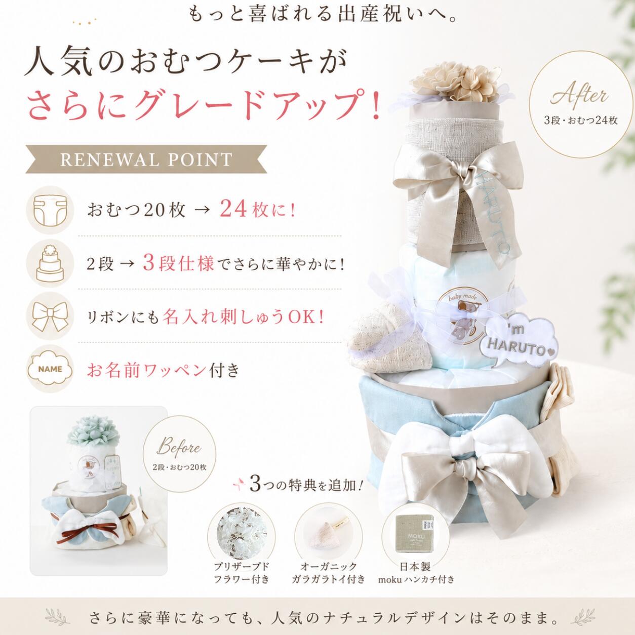 ＼平日12時までのご注文は当日出荷／豪華8点 おむつケーキ おしゃれ 男の子 女の子 出産祝い かわいい 名入れ 出産祝い 天使の羽スタイ オーガニック ガラガラ 送料無料 オムツケーキ ベビーギフト 新生児 プレゼント 写真映え シンプル 赤ちゃん 名入れ 会社 お祝い hatty-narku-10000072 刺繍ギフトのお店ハッティーナーク サンプル画像3