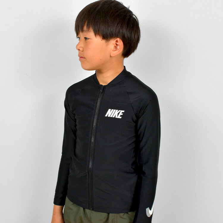 ラッシュガード NIKE ナイキ キッズ 男の子 長袖 子供 フードなし 子ども 130 140 150 160cm NESSD829 N001 黒 ブラック 3Dスウッシュ長袖ジップハイドロガード ジップアップ 水着 ジュニア ボーイズ UVカット UPF40+ 速乾 日焼け止め 紫外線対策 おしゃれ シンプル ブランド