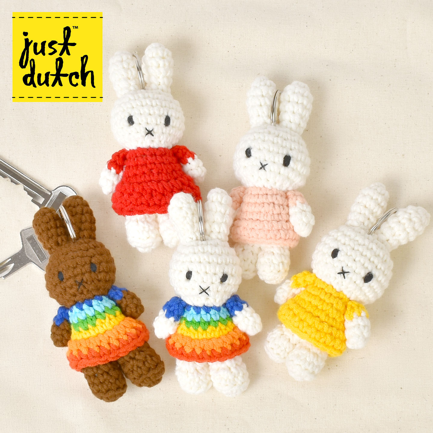 ジャストダッチ ミッフィー キーホルダー キーリング キーハンガー かわいい miffy JUST DUTCH メラニー マスコット キーチャーム 編みぐるみ あみぐるみ 家 車 鍵 取り付け ハンドメイド イエロー レッド パステルピンク レインボー ミッフィーグッズ 誕生日 プレゼント