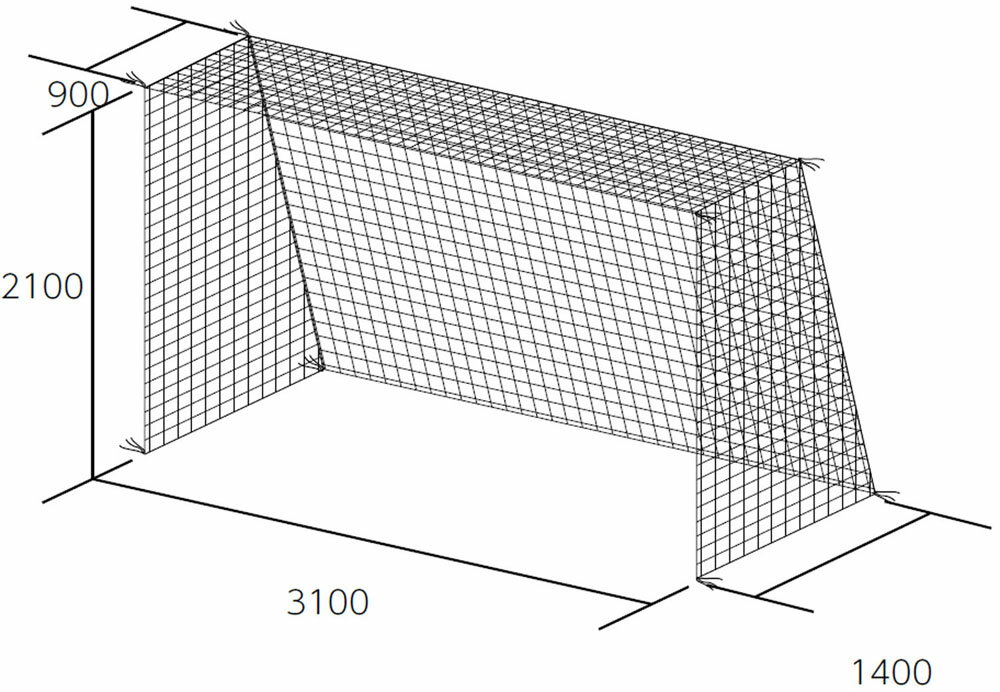 素材：ポリエチレン有結節、440T／36本サイズ：H2100×W3100×D上900×D下1400mm重量：2kg／組仕様：ネットカラー／白、網目／10cm角フットサル・ハンドゴールネット・四角目（2張1組）